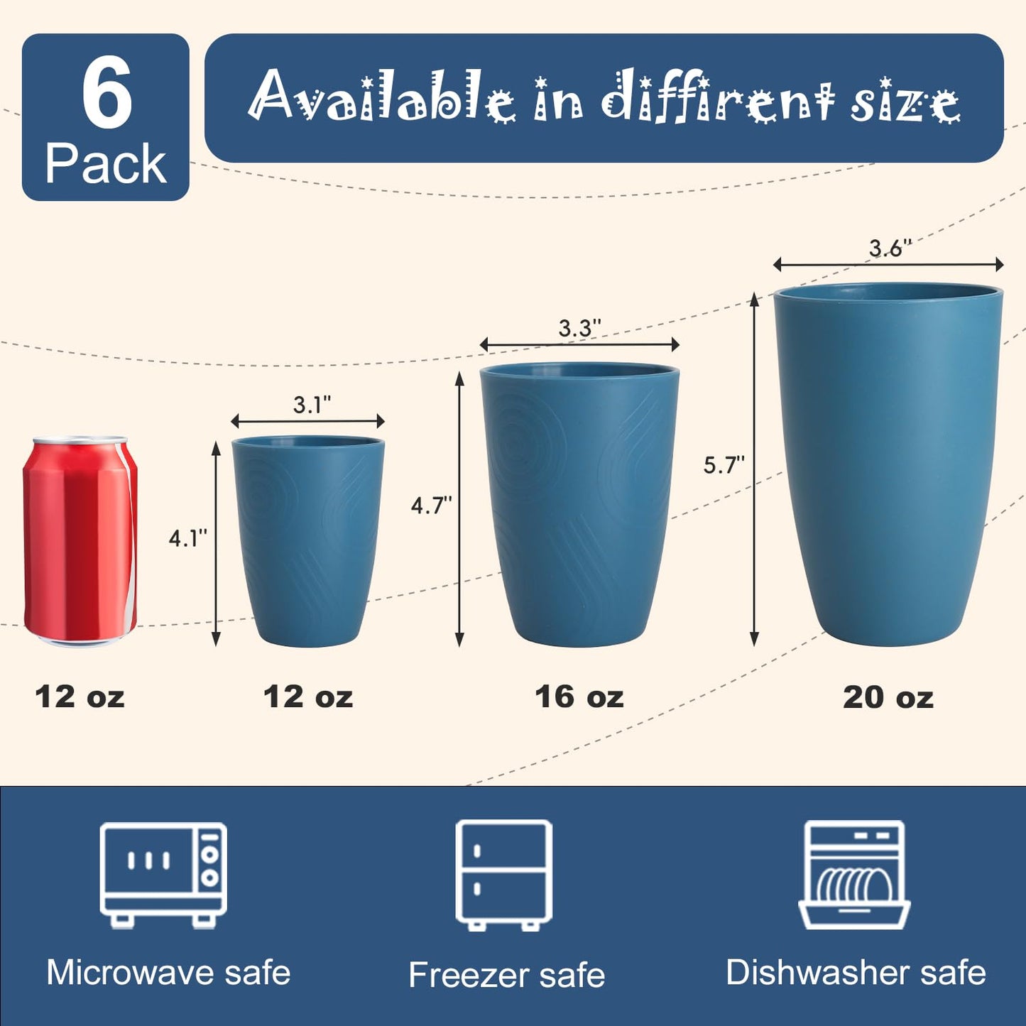 Perlapoc Wheat Straw Cups, Plastic Cups Reusable, Unbreakable Drinking Glasses Set of 6, Plastic Cups for Kitchen Camping Outdoor, 16 OZ Dishwasher Safe Tumblers & Water Glasses, Multi