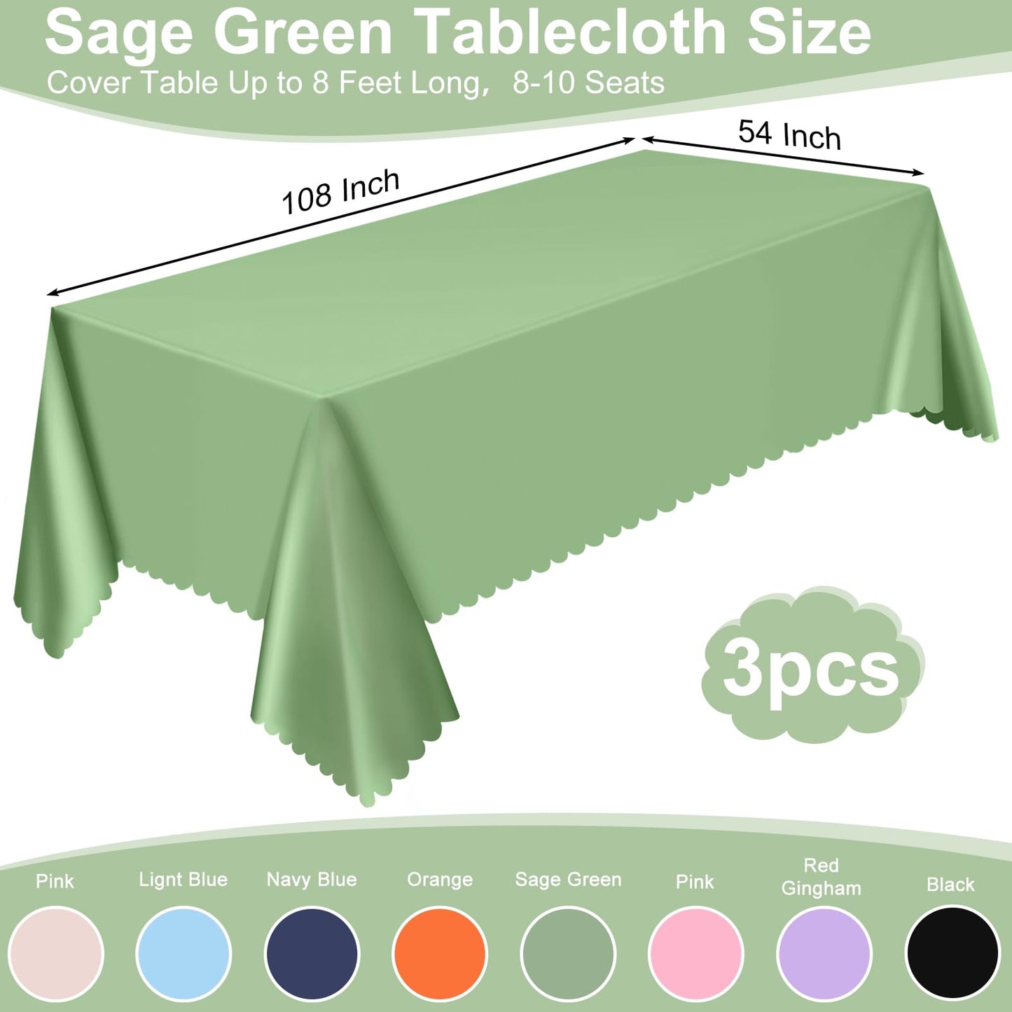 3 Pack Plastic Sage Green Tablecloth, 54 X 108Inch Scalloped Table Cover Disposable Sage Green Tables Cloth for Rectangle Tables Waterproof Table Cover for Baby Shower Bridal Tea Party Wedding