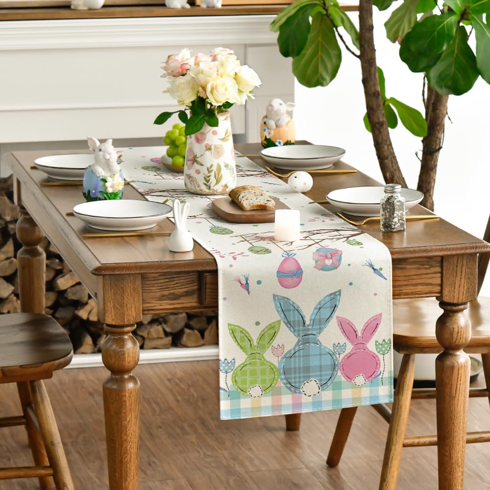 Artoid Mode Buffalo Plaid Bunny Egg Carrot Easter Table Runner, Seasonal Spring Kitchen Dining Table Decoration for Home Party Decor 13x72 Inch