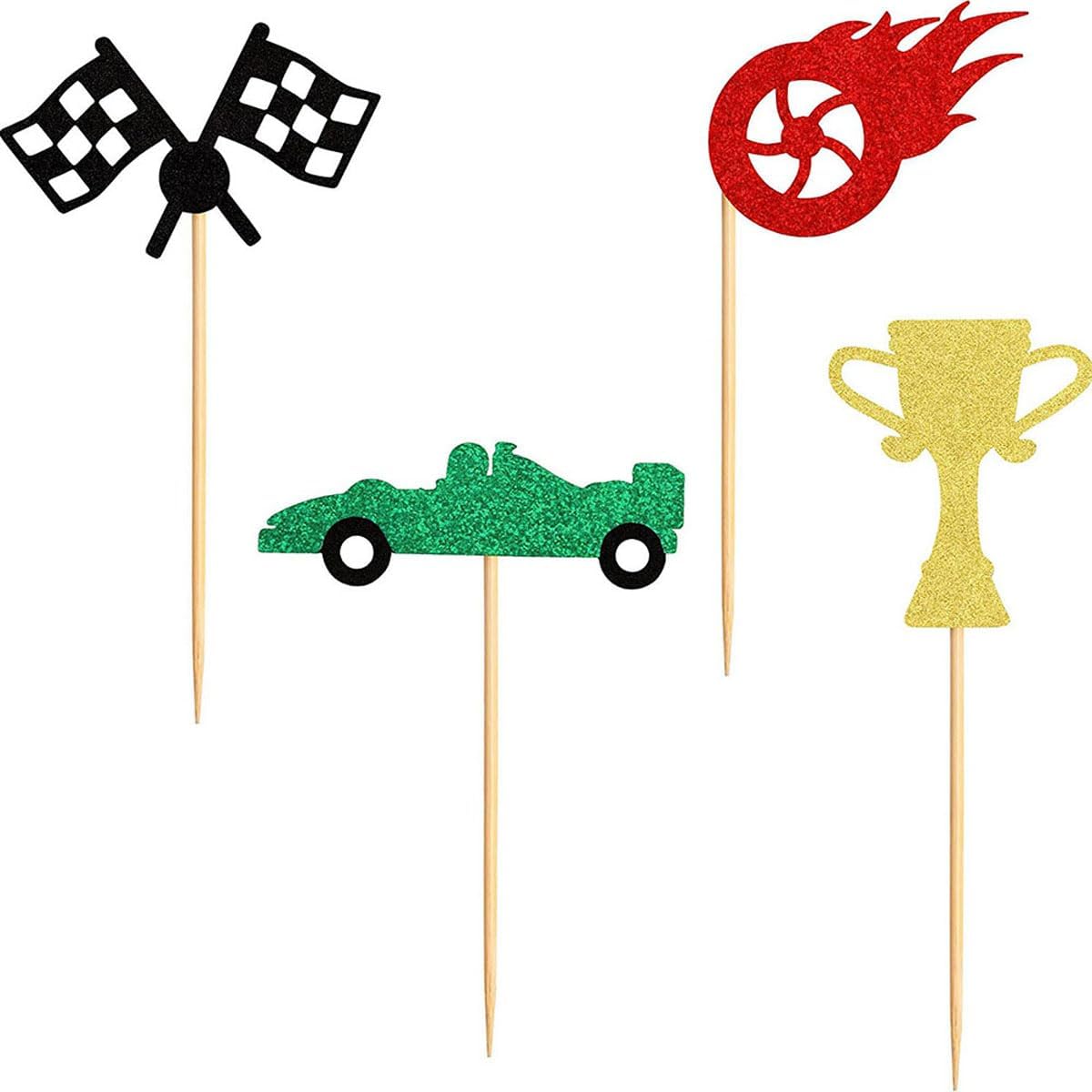 Race Car Cupcake Toppers by [Brand Name] - 24Pcs Glitter Trophy Flags & Wheels for Racing Theme Parties