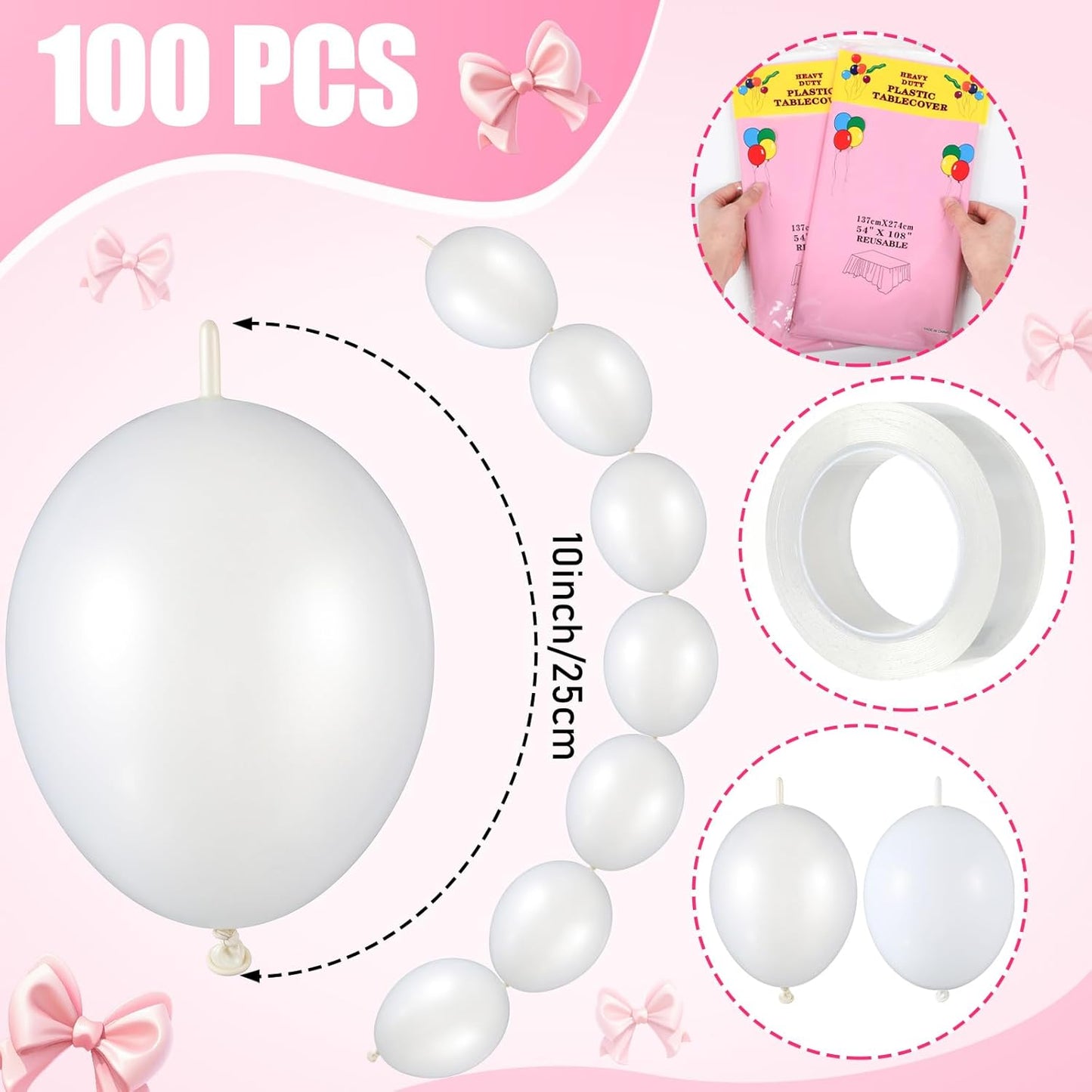 Pink Bow Birthday Decorations Set - 4 DIY Giant Wall Bows & 100 Link Balloons for Cute Party Decor