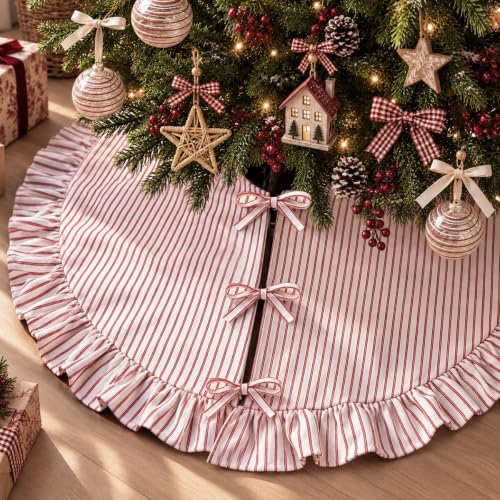48-Inch Red White Stripe Christmas Tree Skirt with Ruffled Edge
