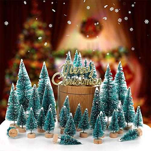 Orgrimmar 24 PCS Artificial Mini Christmas Trees Snow Frost Ornaments Bottle Brush Trees with Wooden Bases for Christmas Home Party Decoration, 6 Sizes
