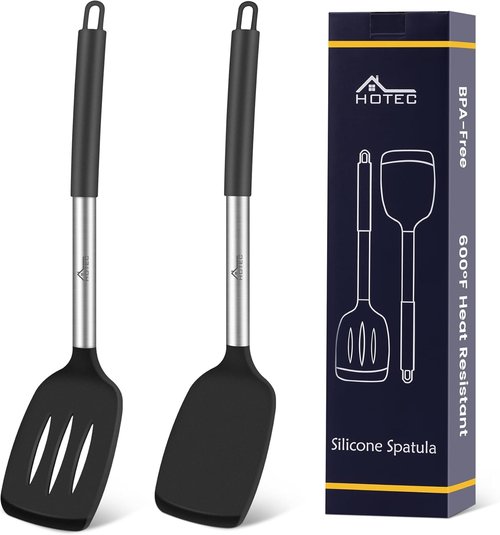 HOTEC Silicone Spatula Set - Heat-Resistant 600°F & BPA-Free Kitchen Tools | 13.7 Inch, Black