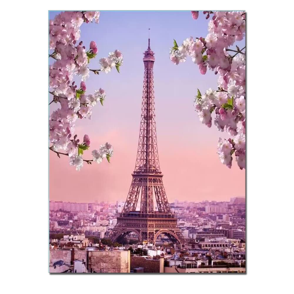 Pink Eiffel Tower Paris Office Girl Room Wall Art Pink Flower Blossoming Romantic Landscape Canvas Print for Home Decor Framed Large Artwork Love 24x36inch