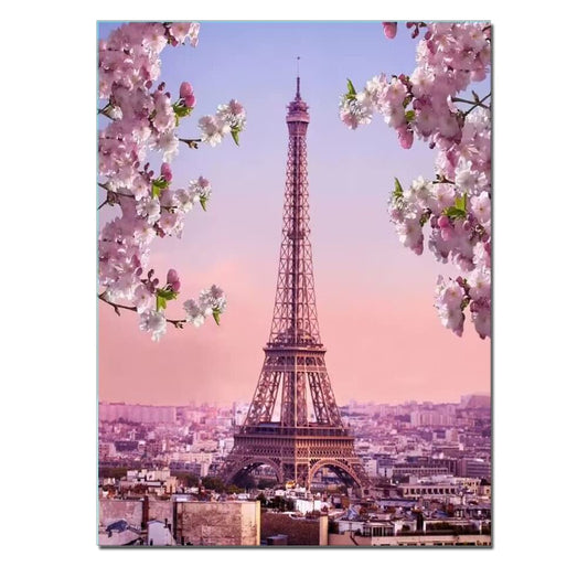Pink Eiffel Tower Paris Office Girl Room Wall Art Pink Flower Blossoming Romantic Landscape Canvas Print for Home Decor Framed Large Artwork Love 24x36inch