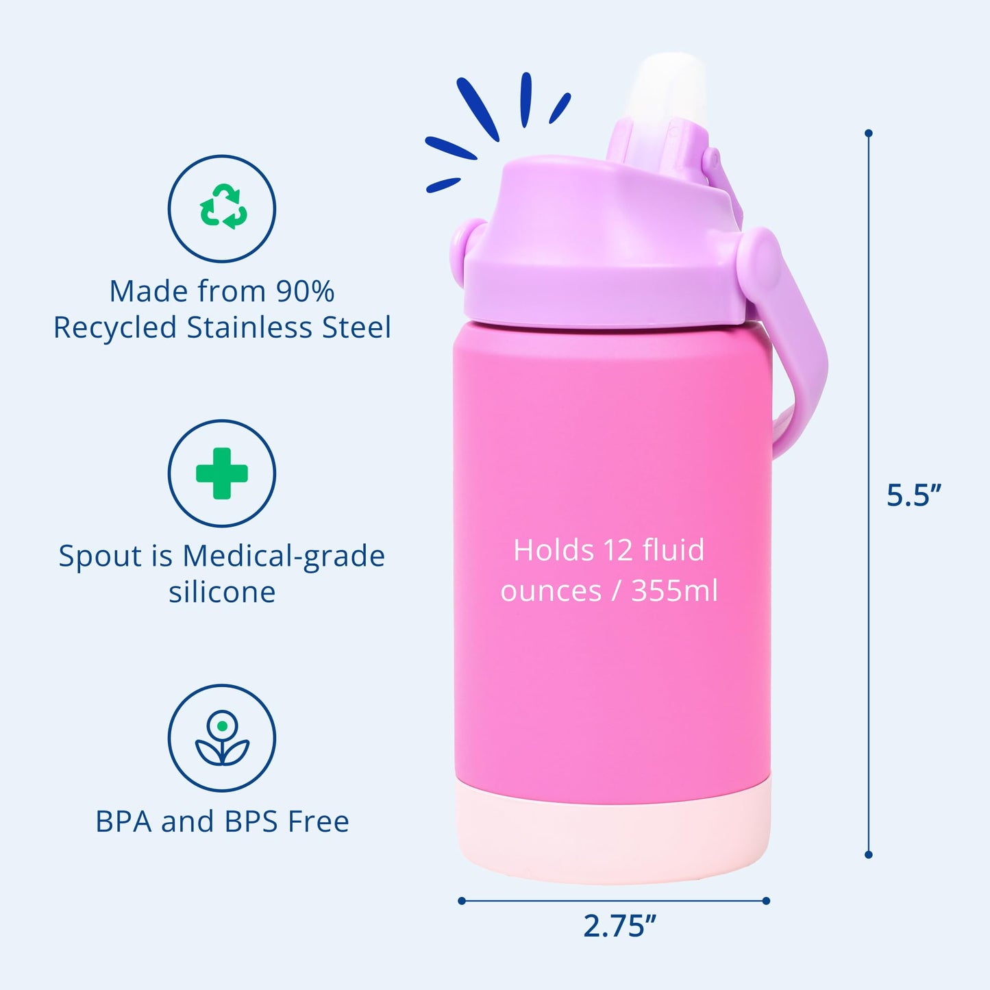 Re-Play 12 oz Water Bottle for Kids - Vacuum-Insulated Stainless Steel Tumbler with Flip-Straw, Silicone Base and Handle - Spill and Leak-Proof Design, Dishwasher and Freezer Safe, Princess