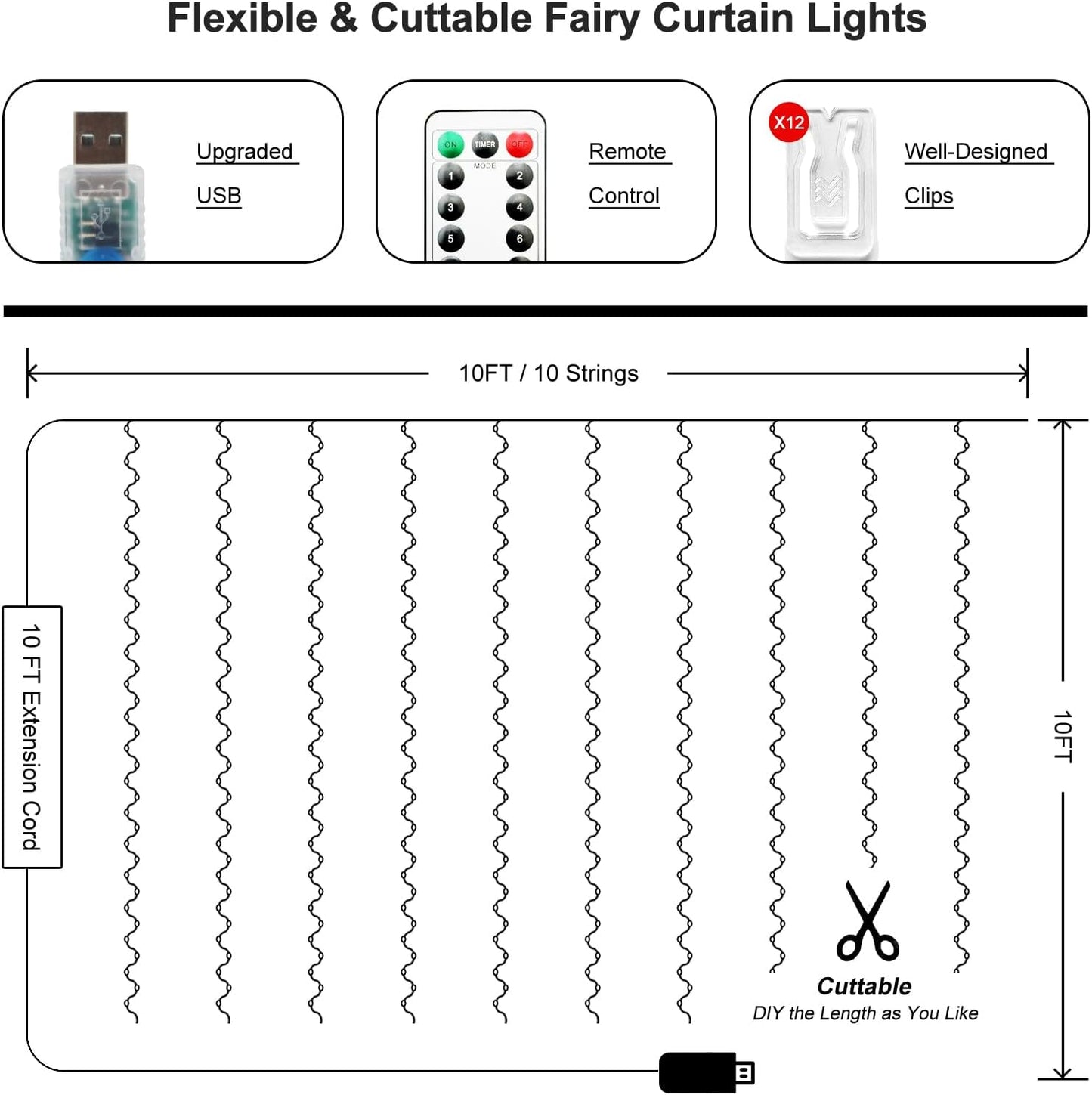 Skiennix 300 LED Fairy Curtain Lights - 9.8 x 9.8FT Warm White USB Plug with 8 Modes & Remote for Indoor/Outdoor Decor