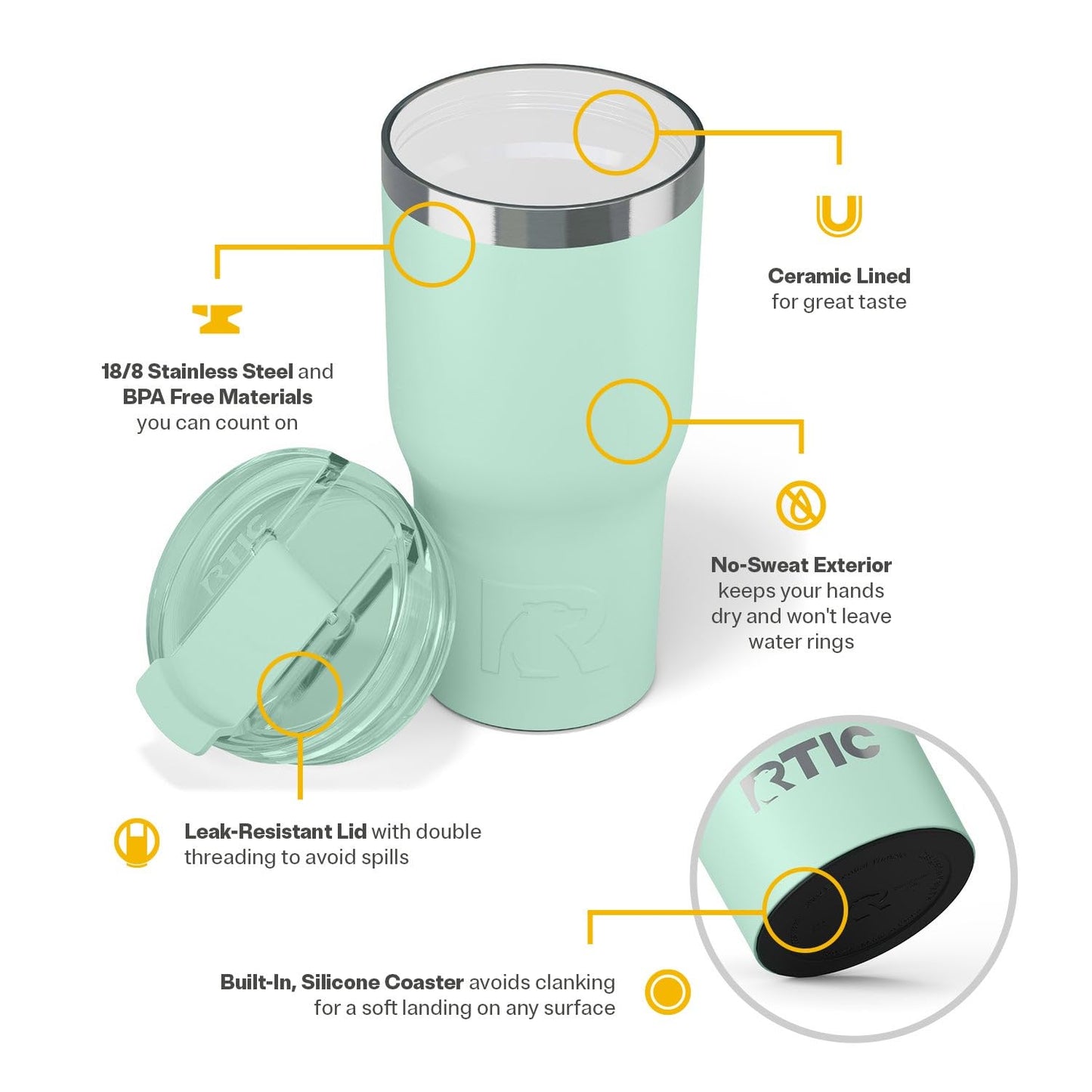 RTIC 30oz Essential Tumbler with Lid, Ceramic Lined, Insulated, Stainless Steel, Metal, Double Wall Vacuum-Insulation, Travel Cup for Iced Coffee, Tea, Hot and Cold Drink, Fresh Mint