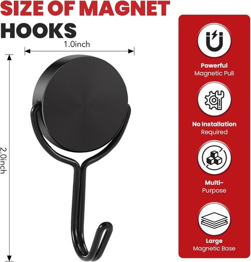 Buelkmag Magnetic Hooks - Heavy Duty 50LBS Swivel Magnet Hooks for Cruise Cabins & Home | 4 Pack - Black