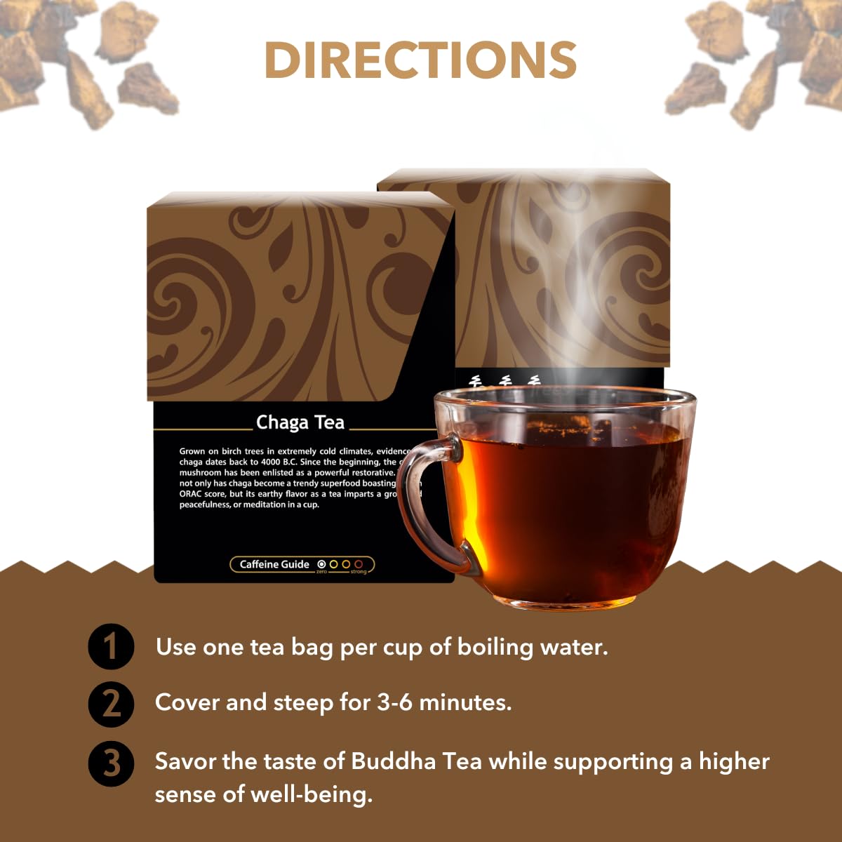 Buddha Teas - Chaga Tea - Organic Herbal Tea - For Cognitive Balance & Overall Health - With Chaga Mushroom, Antioxidants & B Vitamins - Caffeine Free - 100% Kosher & Non-GMO - 18 Tea Bags (Pack of 3)