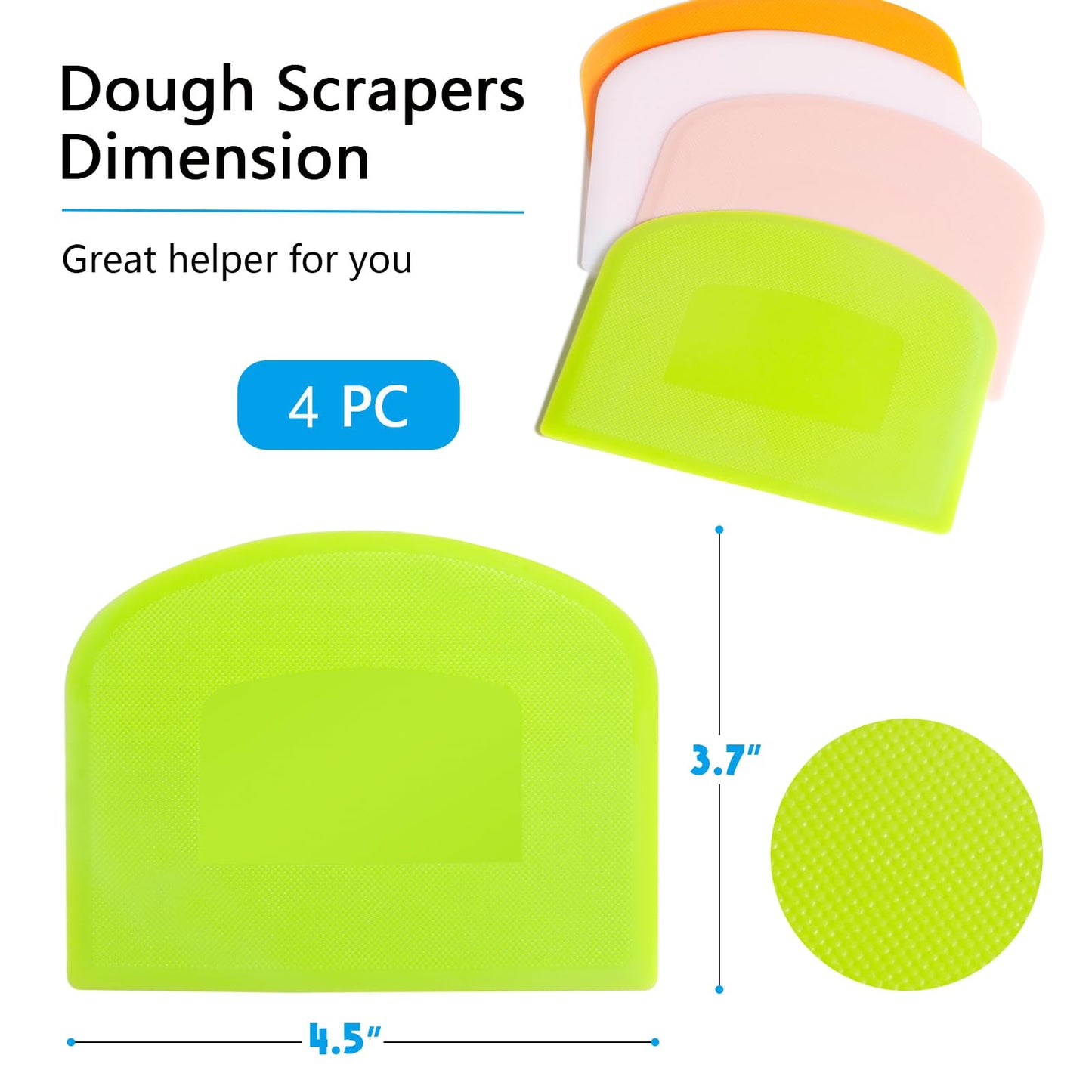 CEWIFO Dough Scraper Bench Scraper for Baking, 4 PCs BPA Free PE Plastic Flexible Bowl Scraper, Food-safe Plastic Dough Cutter for Bread Cake Dough Fondant Icing (White, Green, Orange, Pink)