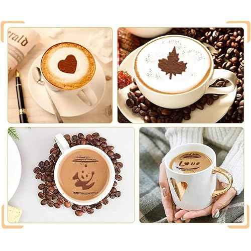 44 Coffee Stencils+2 Mesh Powder Shakers+1 Coffee Latte Art Pen, Coffee Decoration Stencils Coffee Art Templates Coffee Mold Tool for Christmas Thanksgiving Cake Coffee
