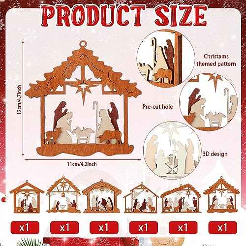 Bucherry 6 Pcs Wooden Nativity Scene Ornament for Tree Topper Decorations, Christmas Nativity Gifts for Christian Church Religious Friends Teachers Coworkers, Ornament(House)