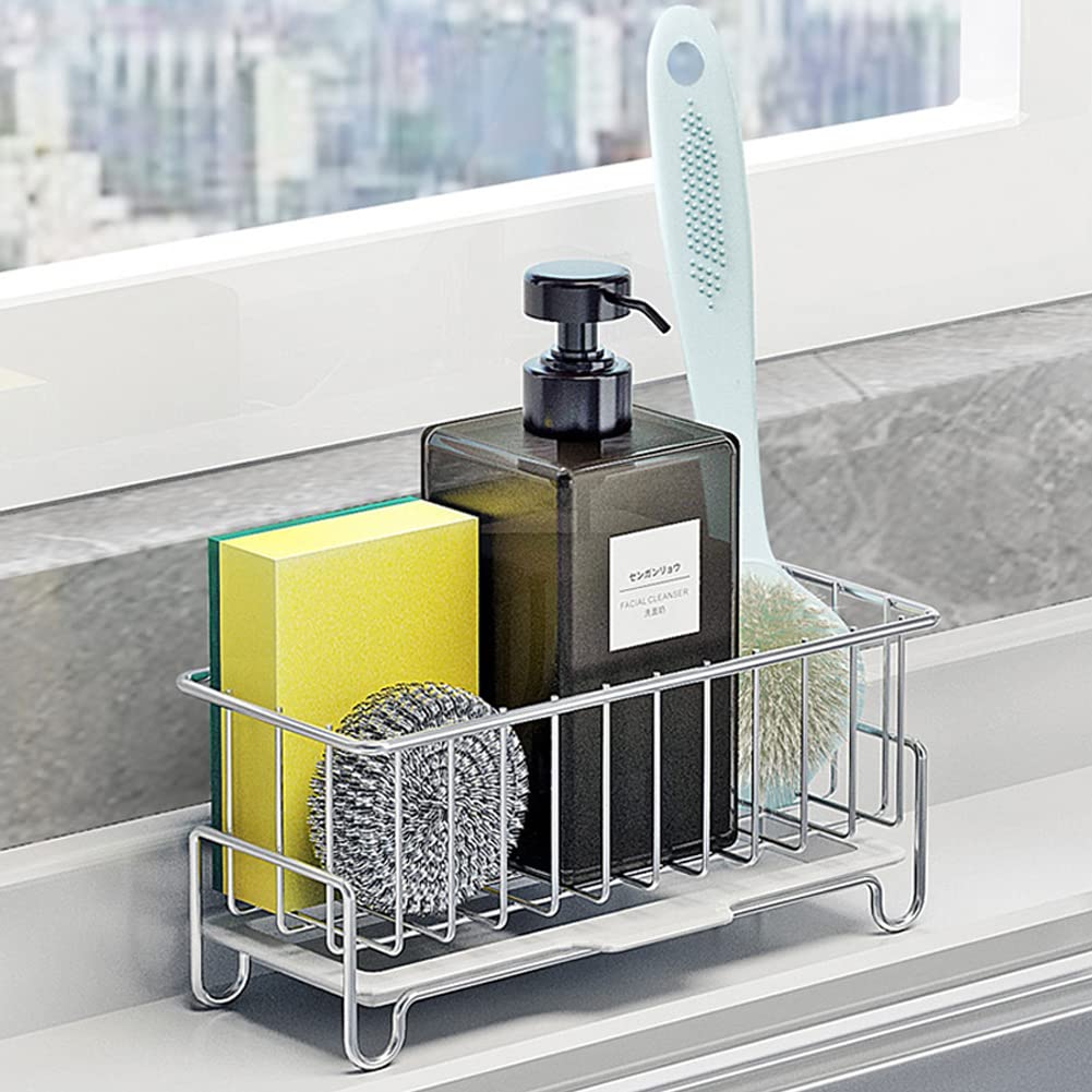 MINGFANITY Kitchen Countertop Sponge Holder, SUS 304 Stainless Steel Dish SoapOrganizer, Basket for Cleaning and Scrub Tool, Kitchen Sink Brush Caddy Holder