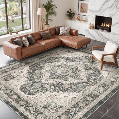 Roxstand 8x10 Black/Beige Washable Area Rug - Vintage Living Room Carpet