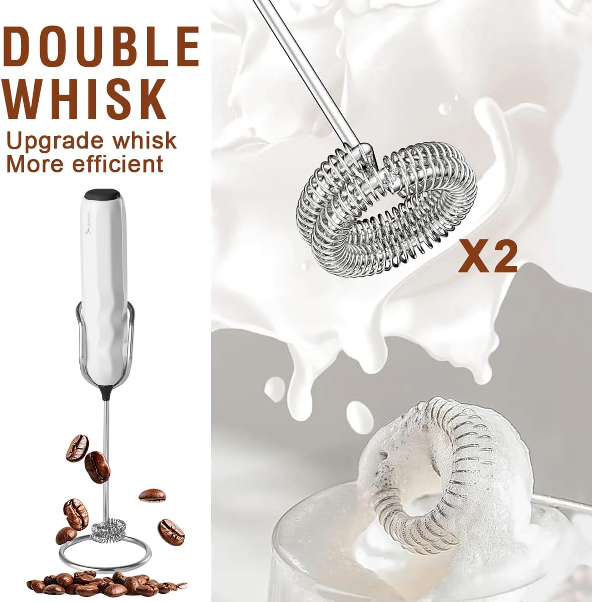 SUPRUS Ultra Fast Handheld Milk Frother - Double Whisk with Stand & 2 Batteries | Stainless Steel for Lattes, Cappuccino & Matcha