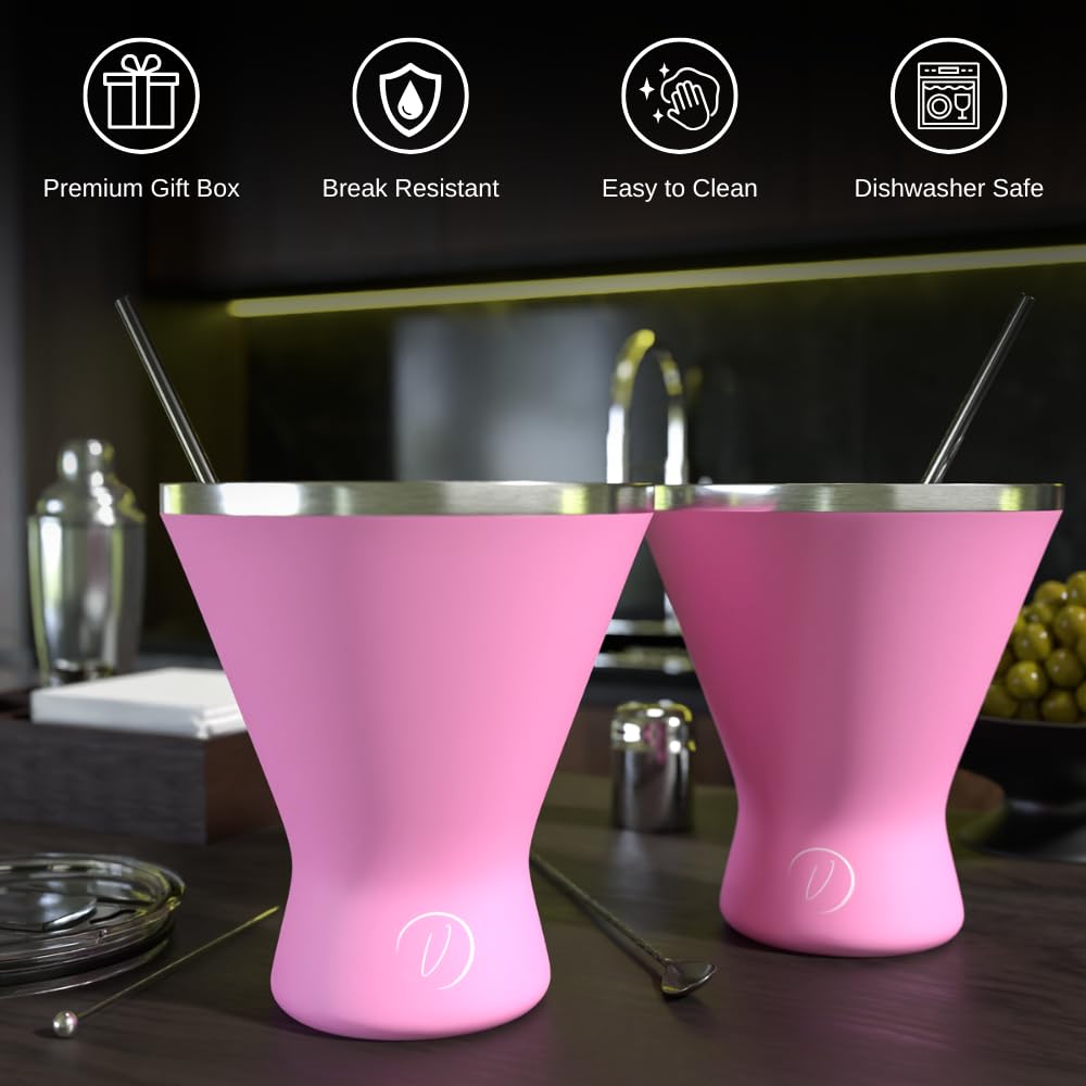 Mother’s Day Gift for Mom - Set of 2 [Pink] Stainless Steel Martini Glasses, Unbreakable Metal Cocktail Glass Set, Unique Gift for Women Wife, 10oz