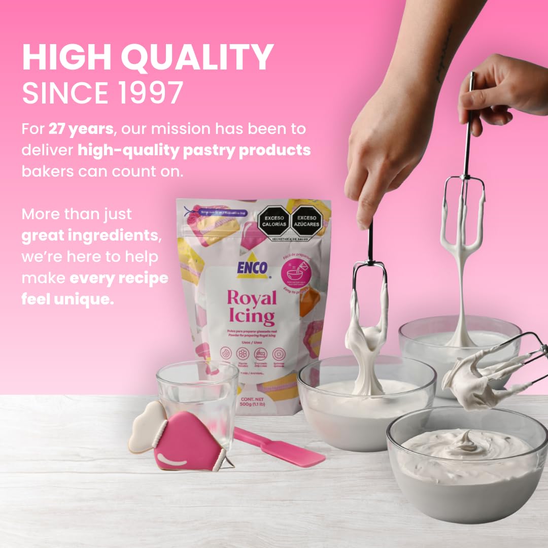 ENCO White Royal Icing Mix, Vanilla Flavor – Easy to Use, Just Add Water, Smooth & Glossy Finish, Fast Drying, Versatile for Cookie Decorating (1.1 lb / 500g)