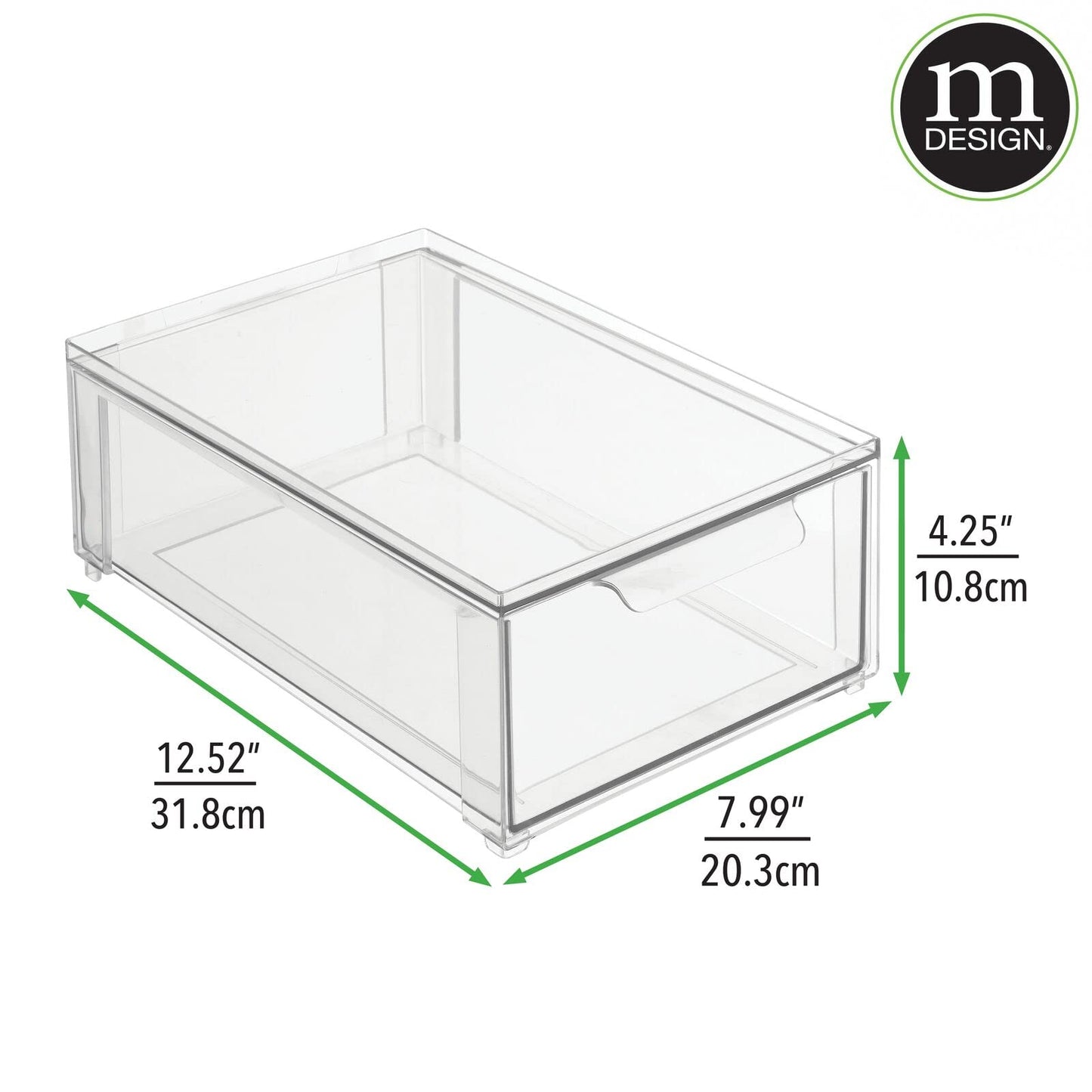 mDesign Plastic Stackable Closet Storage Organizer Bin Containers with Front Pull Drawer for Cabinet, Desk, Shelf, Cupboard, or Dresser Organization - Lumiere Collection - Set of 3 - Clear