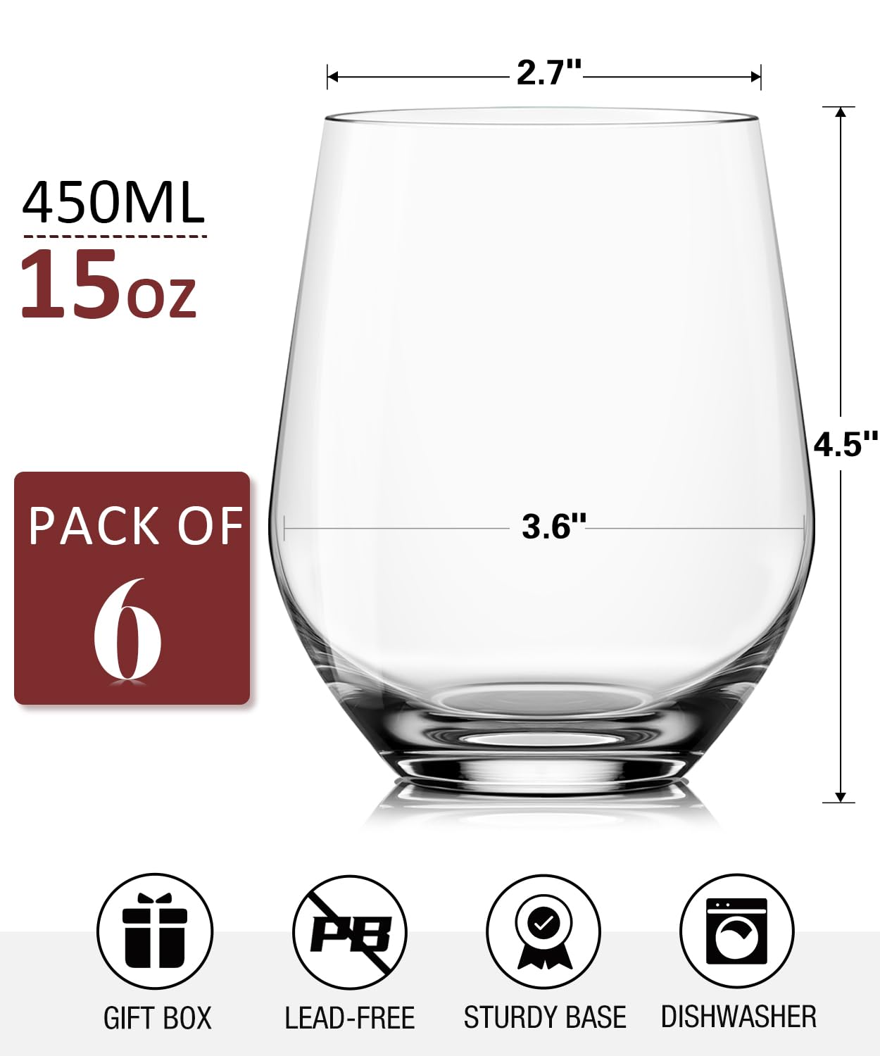 OJA Stemless Wine Glasses Set of 6, 15oz Premium Crystal Red White Wine Glasses, No Stem, Clear,Sturdy Drinking Glass for Daily Use, Birthday, Wedding, Home Party, Anniversary, Shower Gift