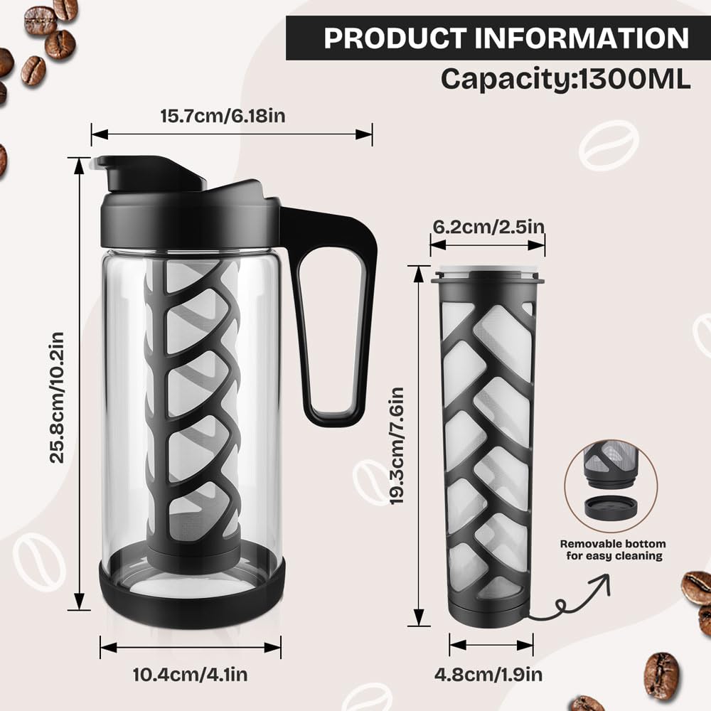 wedrink 44oz Cold Brew Coffee Maker, 1.3L Borosilicate Glass Cold Brew Pitcher with Comfortable Handle, Removable Filter & Anti-Slip Silicone Bottom