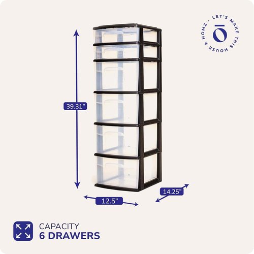HOMZ 6-Tier Clear Plastic Drawer Tower - Heavy-Duty Storage Organizer Cart for Home & Closet