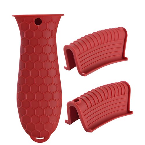 Cast Iron Skillet Handle Covers - 3 Pack Assist Pan Handle Sleeve Pot Holders, Heat Resistant Pot Handle Covers, Non-Slip Silicone Cast Iron Handle Grip for Cast Iron Skillet Metal Pan (Red)