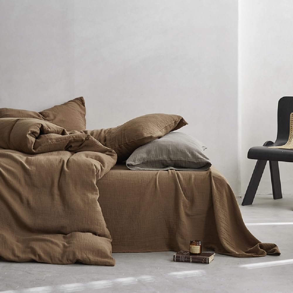 Erwinmu Muslin Duvet Cover Set 100% Cotton Queen Size,Double-Layer Linen Like Gauze Comforter Cover Brown 3 Pieces,Okeo-tex 100 Certified Duvet Cover 90"x90" with 2 Pillowcases for All Season