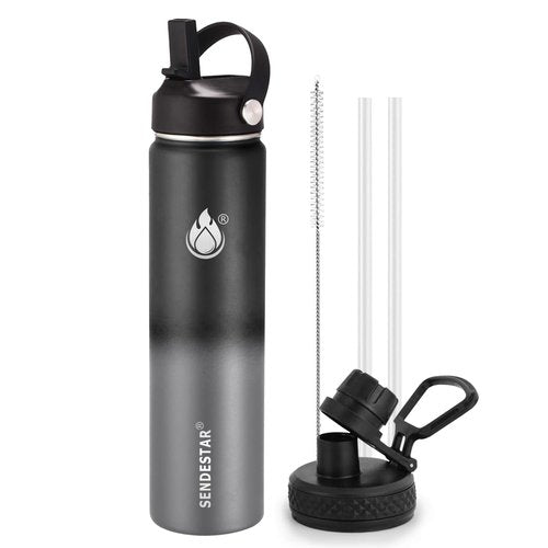 Insulated Water Bottle 24 oz with Straw, Stainless Steel Wide Mouth Water Bottle, Double Wall Vacuum Leak Proof with Straw Lid & Spout Lid for Sports or Office, Keep Cold or Hot Up to 24 Hrs
