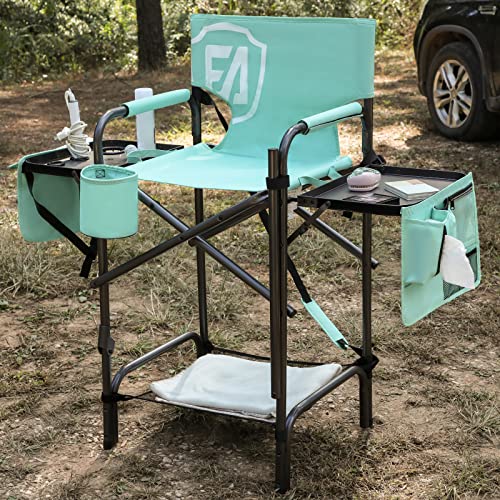 Portable Makeup Artist Chair with Side Tables - Tall Foldable Styling Chair, Green, 31 Inch