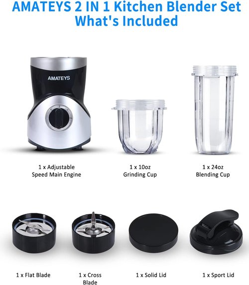 Amateys Personal Blender - Professional Smoothie Maker with Blending & Grinding Blades | 24/10 OZ Travel Bottles