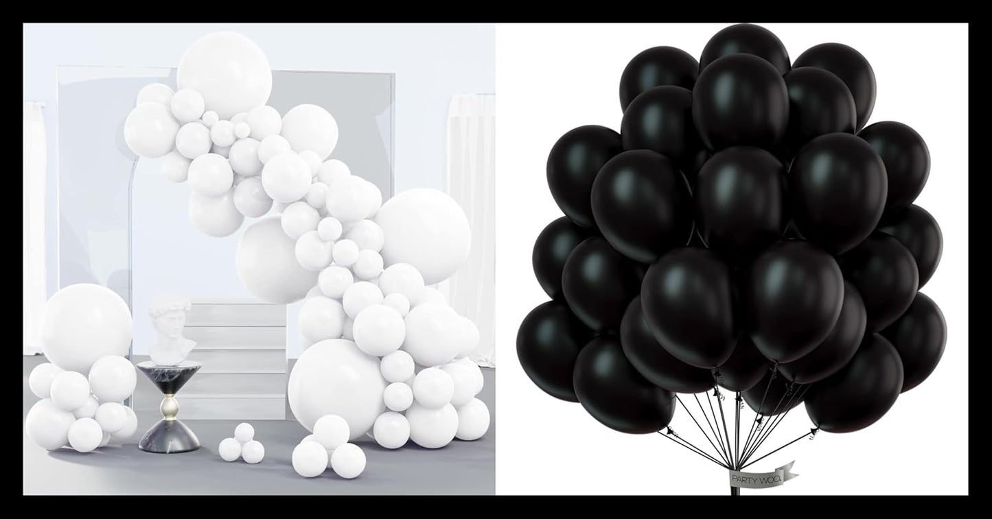 PartyWoo White & Black Balloons - 140 Pcs (18", 12", 10", 5") for Weddings & Celebrations