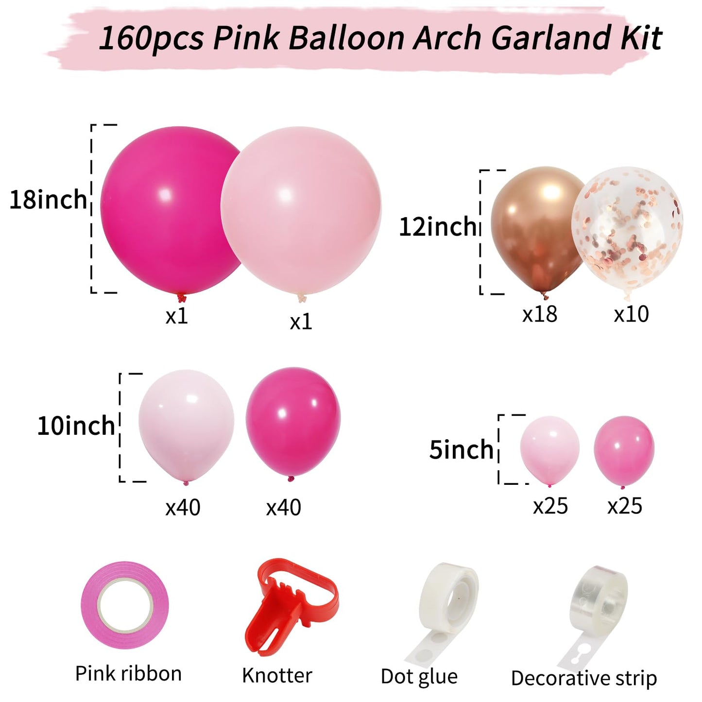 RUBFAC 160pcs Pink Balloon Arch Garland Kit, Hot Pink Rose Gold Metallic Confetti Balloons for Birthday Baby Shower Princess Theme Party Wedding Background Decorations