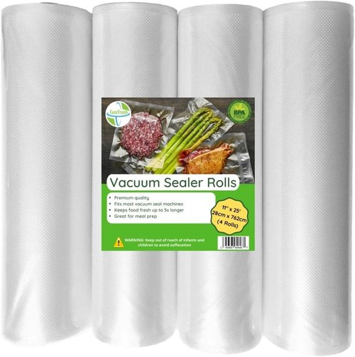 EverFresh Vacuum Sealer Rolls - 11" x 25' | 15% Thicker Embossing, BPA Free, 4 Pack