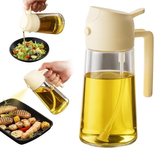 2 in 1 Olive Oil Sprayer & Dispenser Bottle – 470ml/16oz Glass Spray and Pour Oil Bottle for Cooking, Air Fryer, Salad, BBQ – Kitchen Gadgets & Accessories (White)