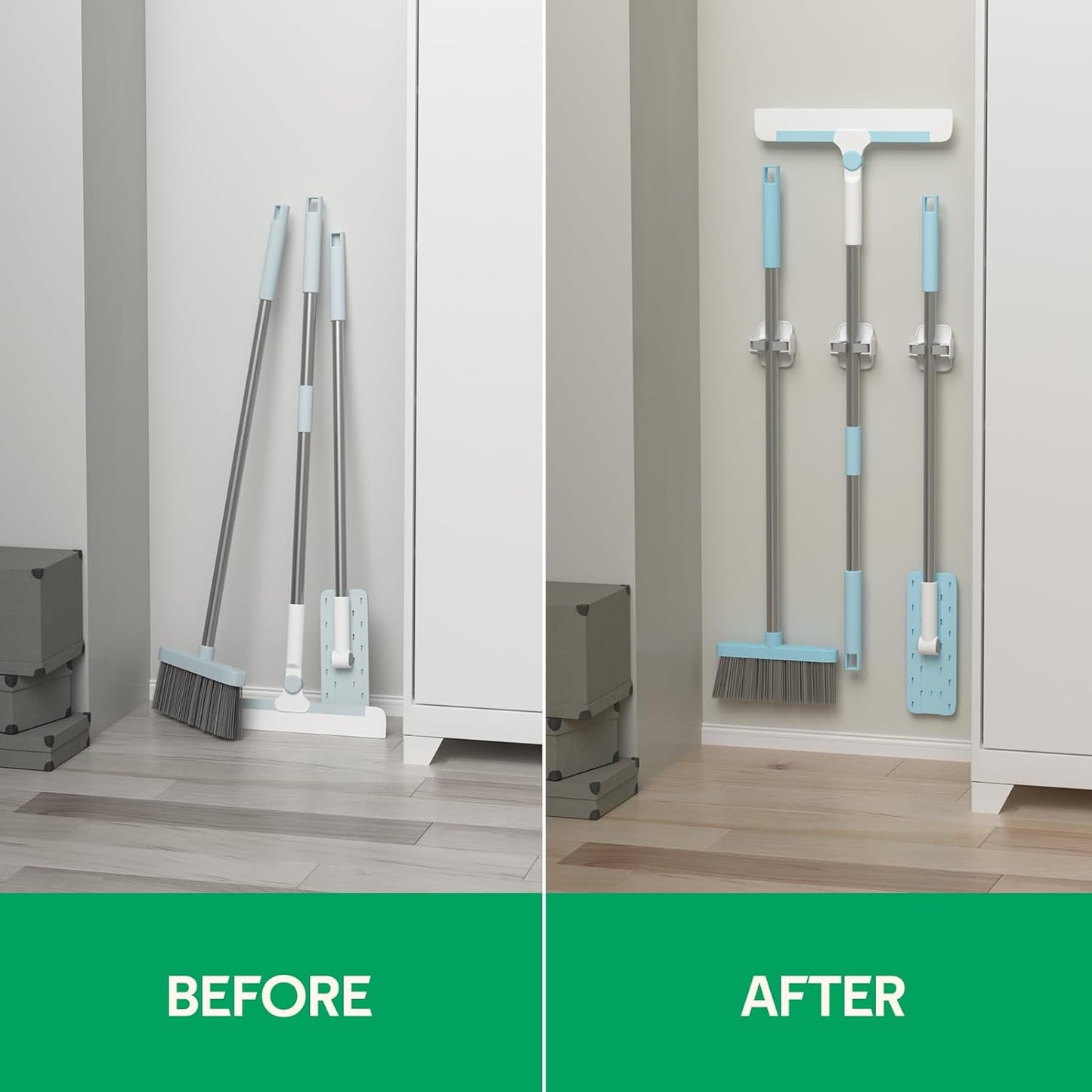 Reliahom Broom Holder Wall Mount - 5 Pack No Drilling Self-Adhesive Mop Grippers | White Garage Organizer