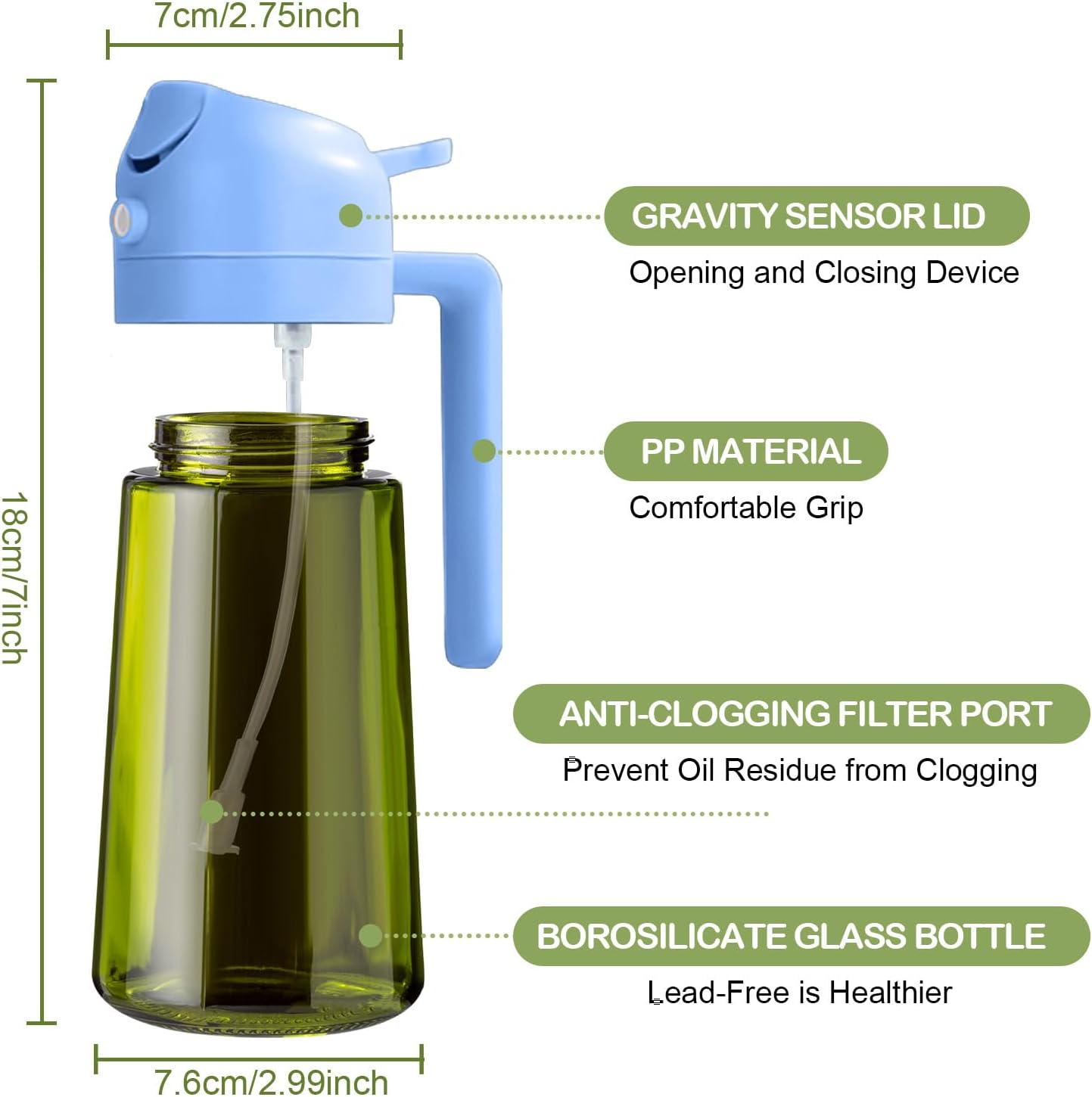 YARRAMATE 16oz Dark Green Oil Sprayer - Premium 2-in-1 Food-Grade Olive Oil Dispenser for Cooking & BBQ