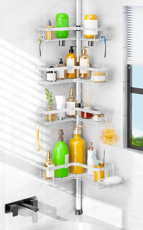 HAMITOR Corner Shower Caddy - 4-Tier Rustproof Bathroom Organizer with Soap Holder & Hooks | Adjustable Tension Pole 47-123 Inch
