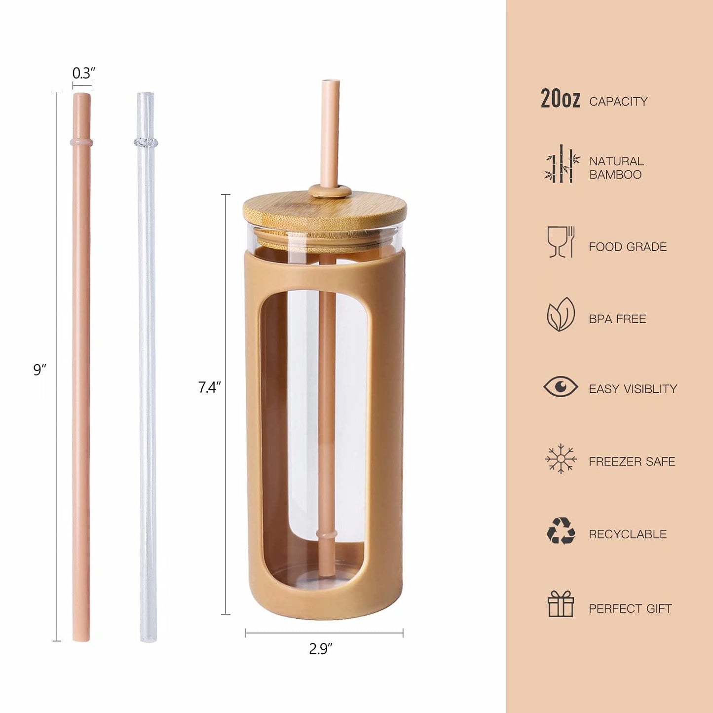 Kodrine 20oz Glass Water Tumbler with Straw and Lid, Bamboo Lids Water Bottle, Iced Coffee Cup Reusable, Wide Mouth Smoothie Cups with Protective Silicone Sleeve BPA FREE-Amber