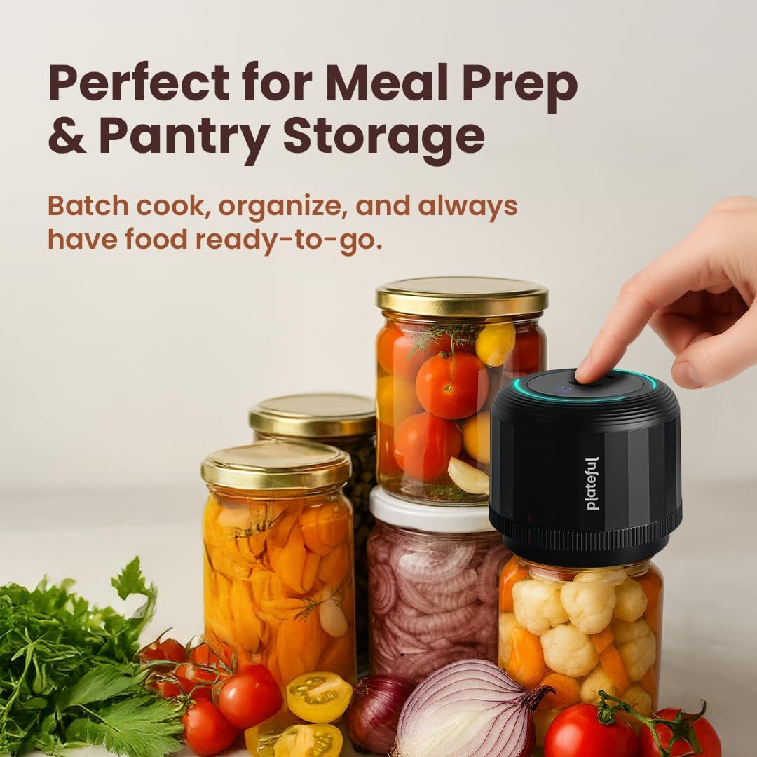 Plateful Electric Mason Jar Vacuum Sealer Kit - Portable Food Storage for Wide & Regular Mouth Jars, Includes Lids & Charger