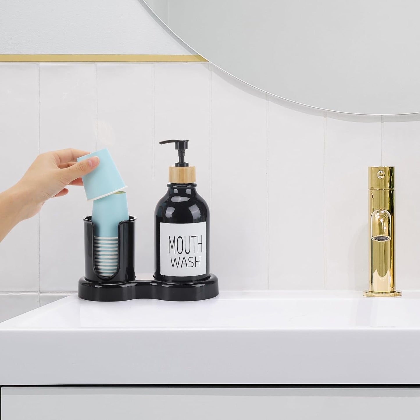 Regine Switzerland Mouthwash Dispenser - 16oz Plastic Holder with Cup and Tray - Black