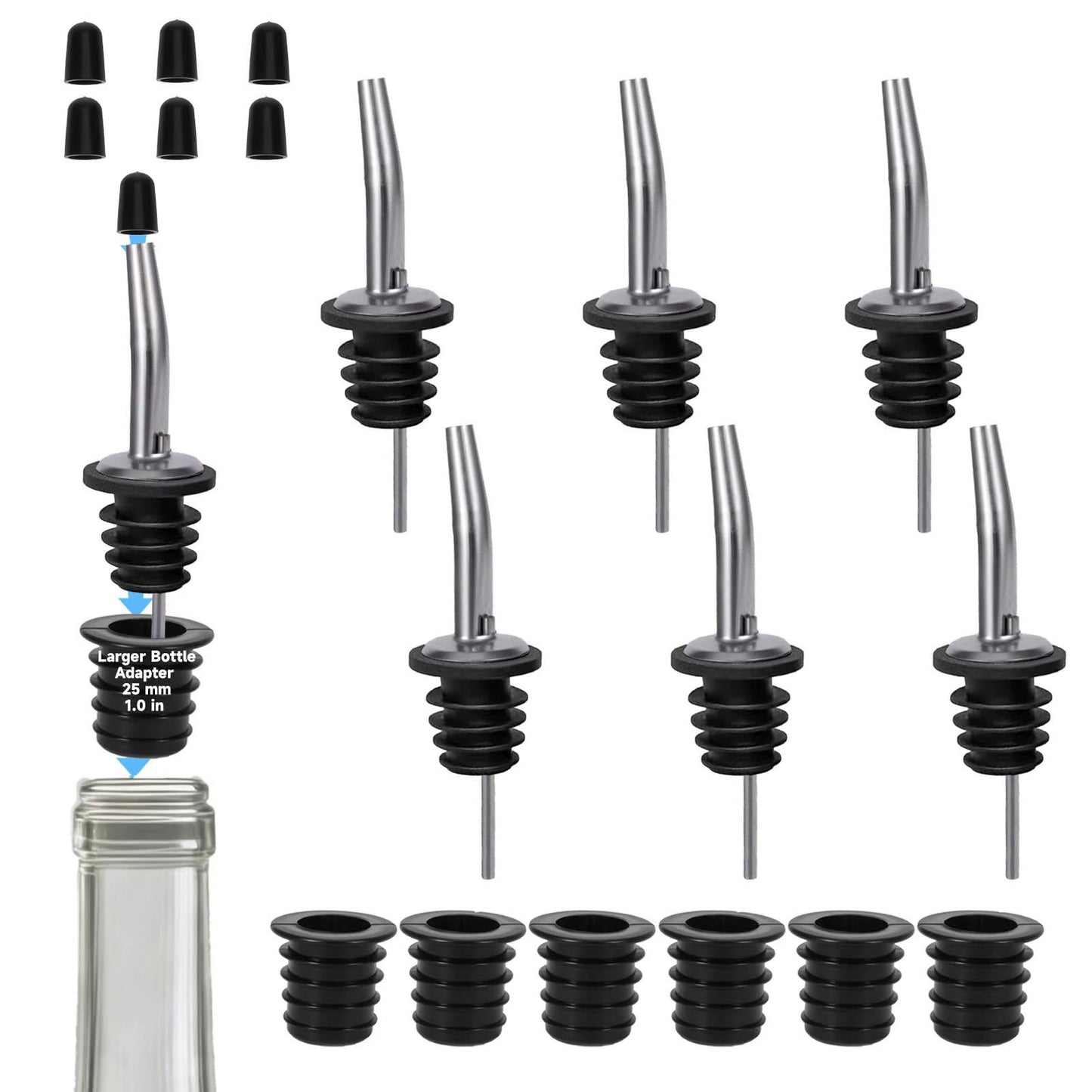6PCS Stainless Steel Liquor Bottle Pourers,Oil Bottle Spouts for Liquor with 6 Adapters, Oil Pourer Spout with Rubber Dust Caps, Olive Oil Dispenser Spout for Alcohol, Wines, Spirits,Coffee