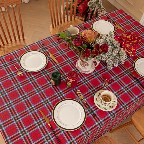 Romanstile Xmas Red Plaid Vinyl Tablecloth 54 x 78 Inches Rectangle - Waterproof Holiday Table Cover