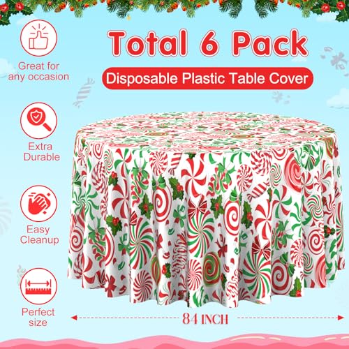 Jectivs 6-Pack 84-Inch Red Green Candy Cane Disposable Tablecloths – Round Plastic Christmas Party Cover