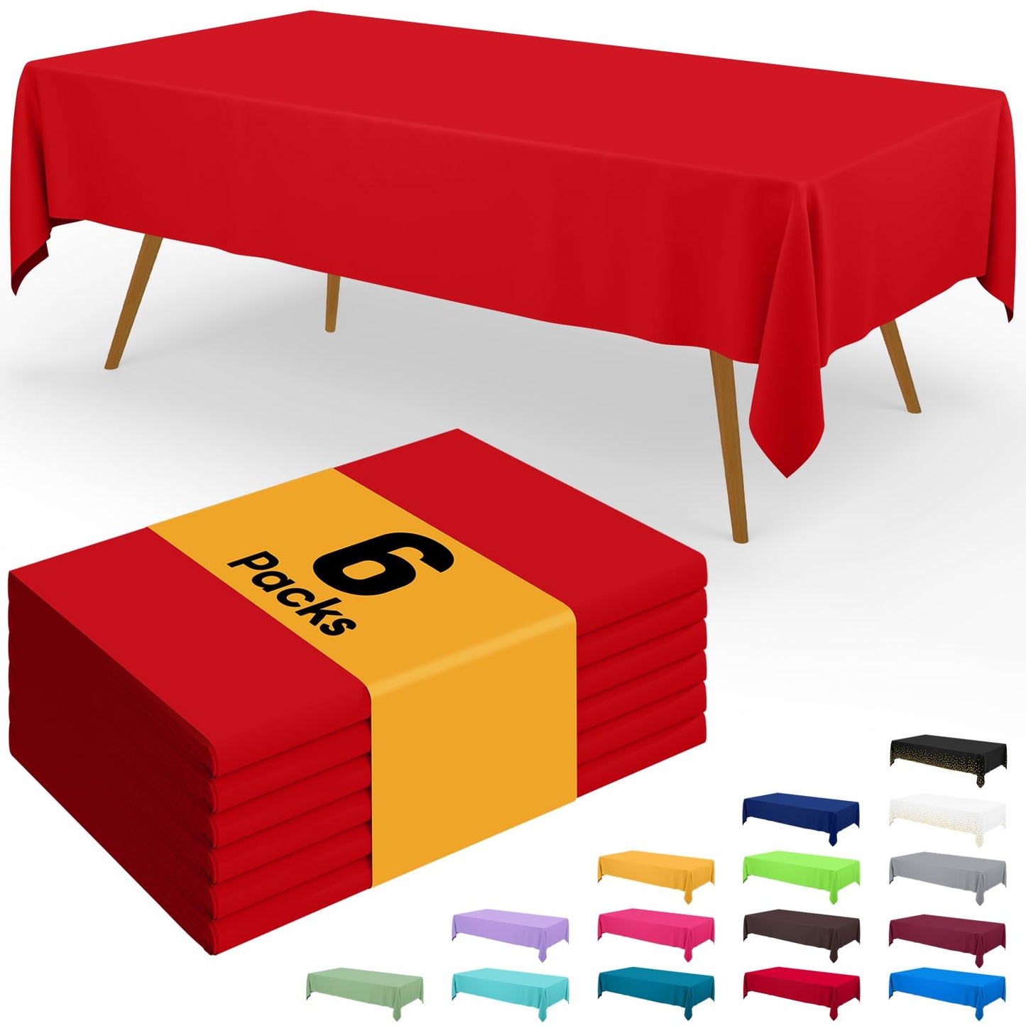 Smiry Disposable Table Cloth - 6 Pack, 54 x 108 Inch Waterproof Rectangle Tablecloths for Parties, Decorative Plastic Table Cover, Leakproof & Sturdy, Red