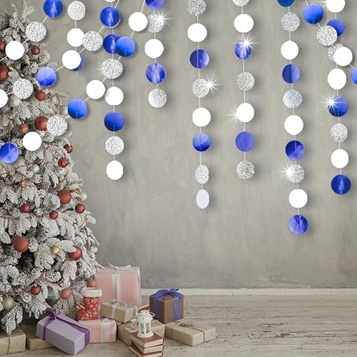 Shining Blue White Silver Circle Dots Hanging Garland Sparkling Blue White Silver Circle Dot Hanging Streamer Glitter Circle Bunting Banner Backdrop for Wedding Baby Shower Birthday Xmas Decor 40 Feet