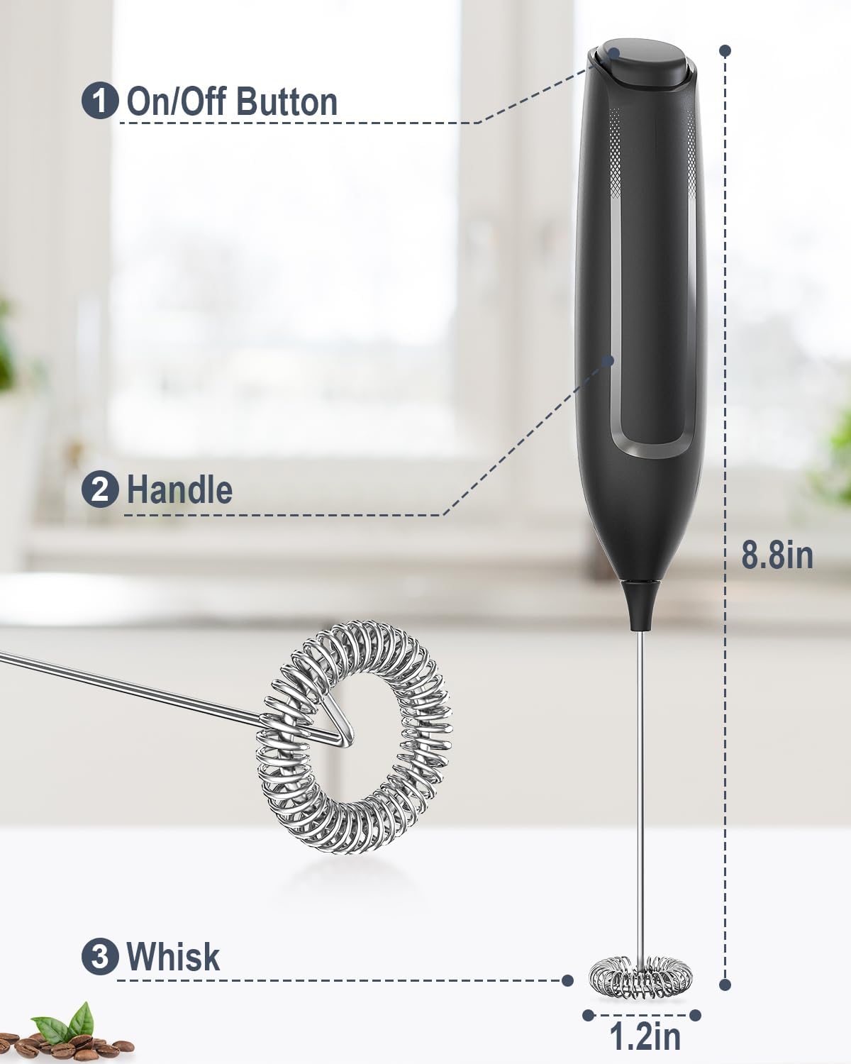 Skiennix Milk Frother - Handheld Electric Foam Maker with Stainless Steel Whisk for Coffee & Lattes - Black