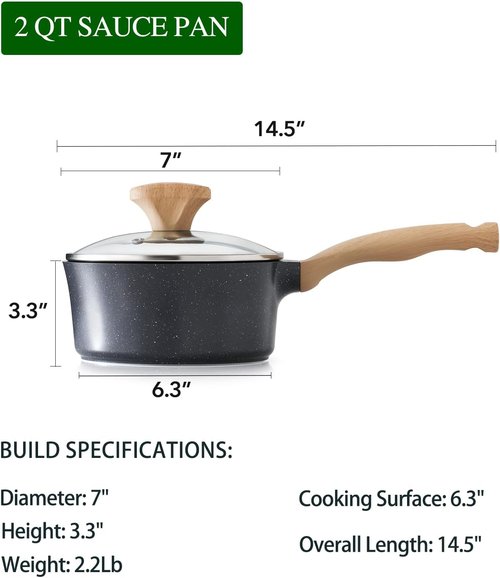 Greblon Nonstick Saucepan - 2 Quart Ceramic Cooking Pot with Lid | Non-Toxic, Induction Compatible