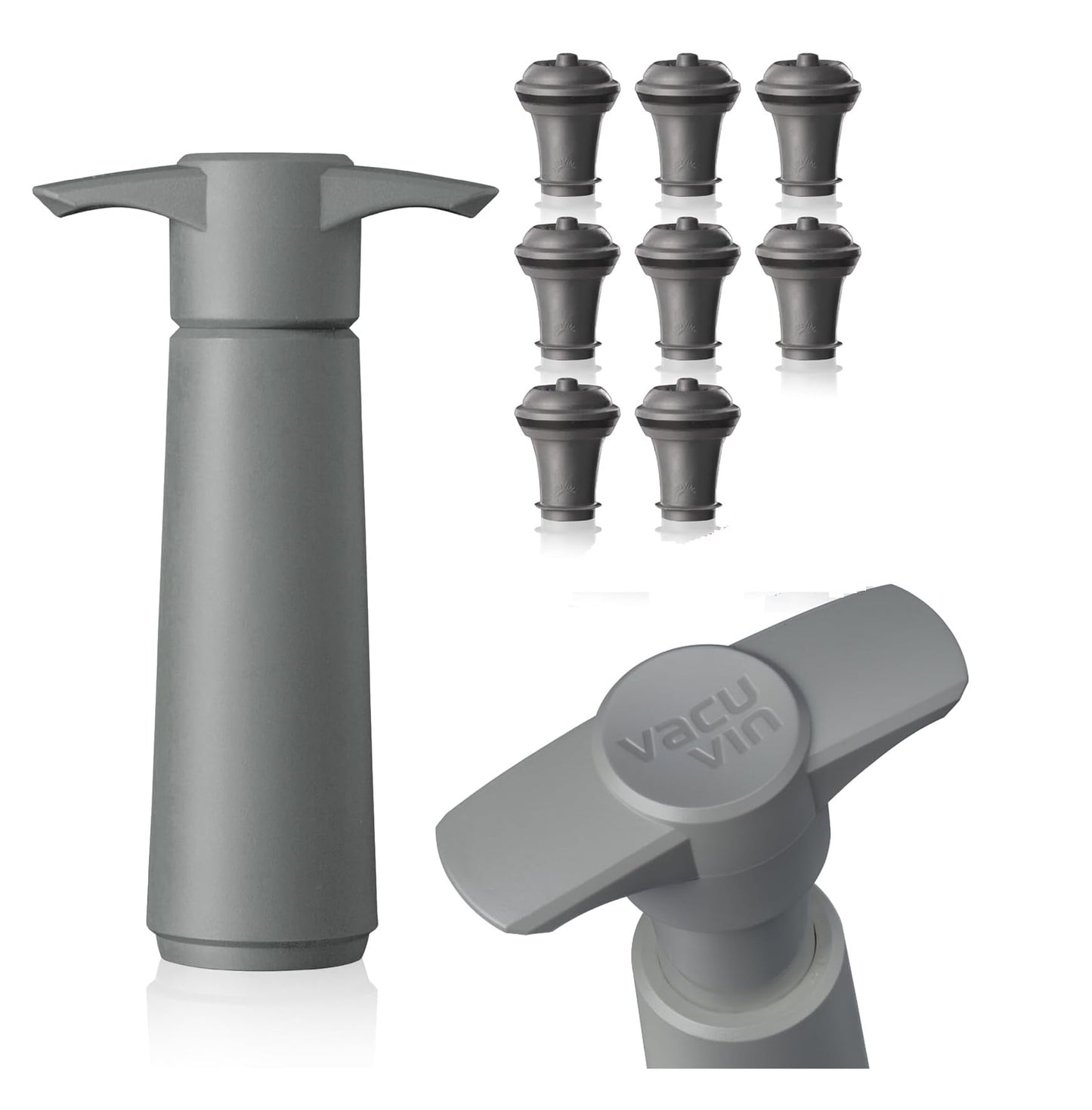 Vacu Vin Wine Saver Pump Gray with Vacuum Wine Stopper - Keep Your Wine Fresh for up to 10 Days - 1 Pump 8 Stoppers - Reusable - Made in the Netherlands
